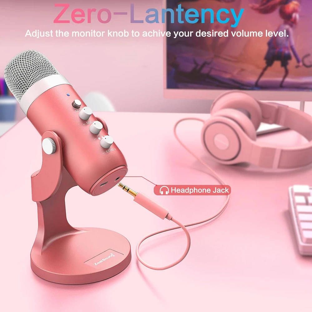 Zealsound USB stalo mikrofonas su kardioidine kryptimi, Echo funkcija, 3,5 mm ausinių išvestimi, K66P-Roze modelis