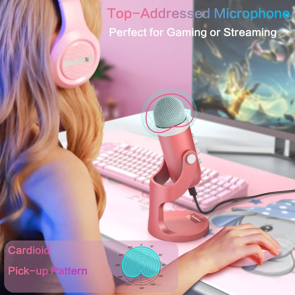 Zealsound USB stalo mikrofonas su kardioidine kryptimi, Echo funkcija, 3,5 mm ausinių išvestimi, K66P-Roze modelis
