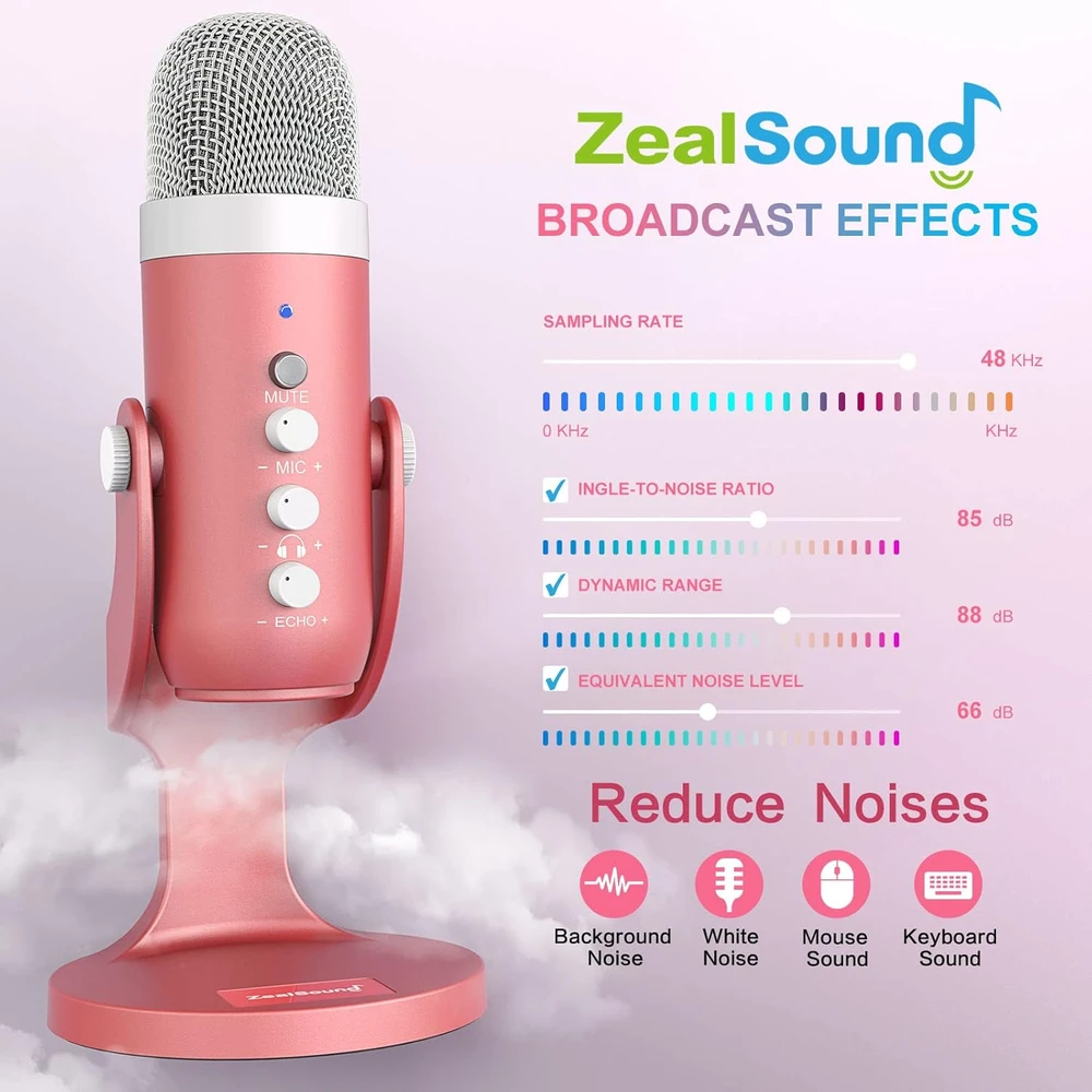 Zealsound USB stalo mikrofonas su kardioidine kryptimi, Echo funkcija, 3,5 mm ausinių išvestimi, K66P-Roze modelis