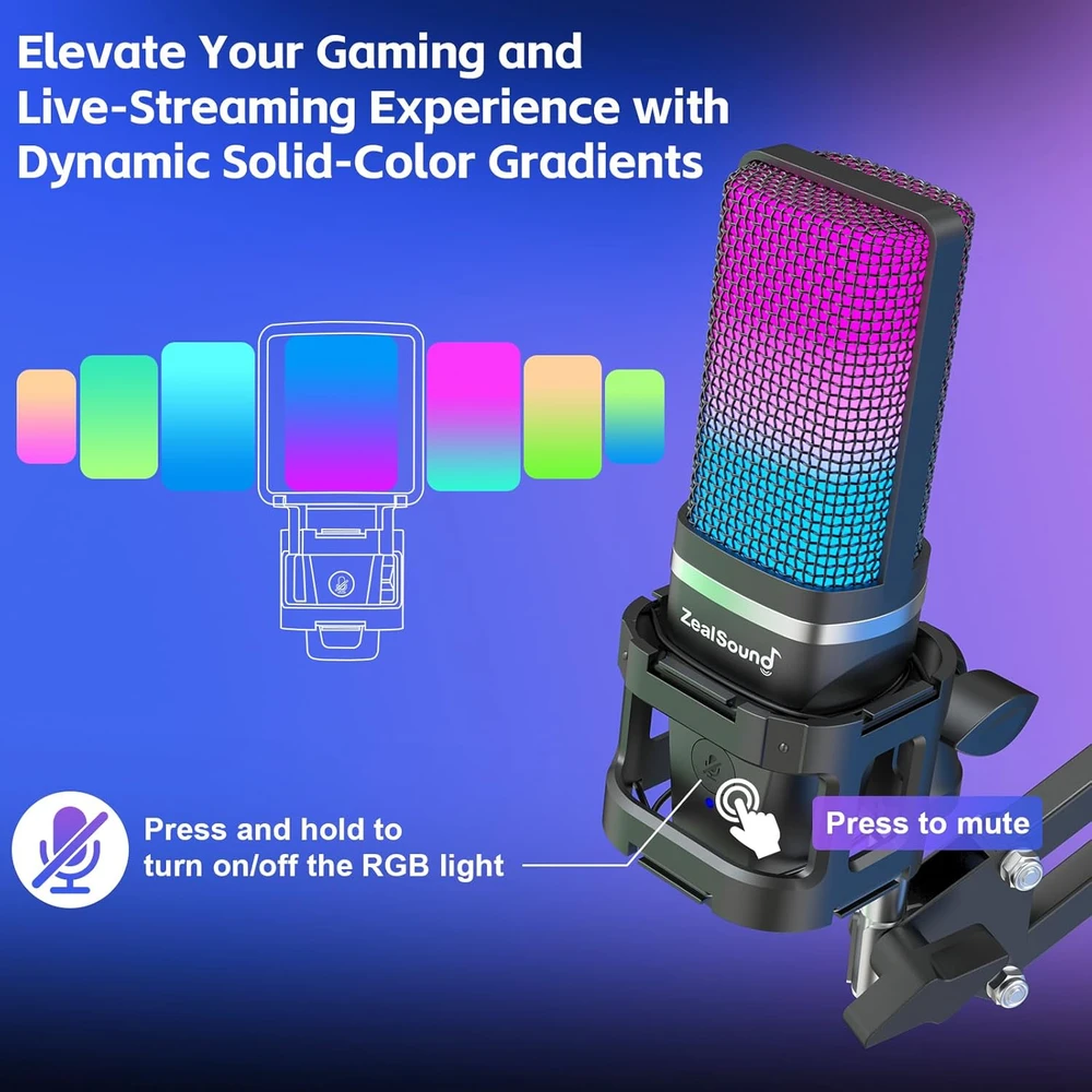 ZealSound USB žaidimų mikrofonas su RGB apšvietimu, komplektas su stovu ir ištraukiamuoju galu, BKD-11 Pro