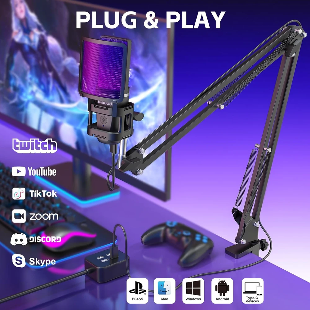 ZealSound USB žaidimų mikrofonas su RGB apšvietimu, komplektas su stovu ir ištraukiamuoju galu, BKD-11 Pro