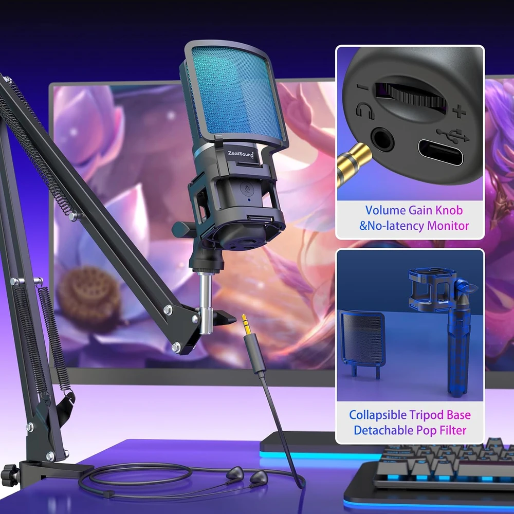 ZealSound USB žaidimų mikrofonas su RGB apšvietimu, komplektas su stovu ir ištraukiamuoju galu, BKD-11 Pro