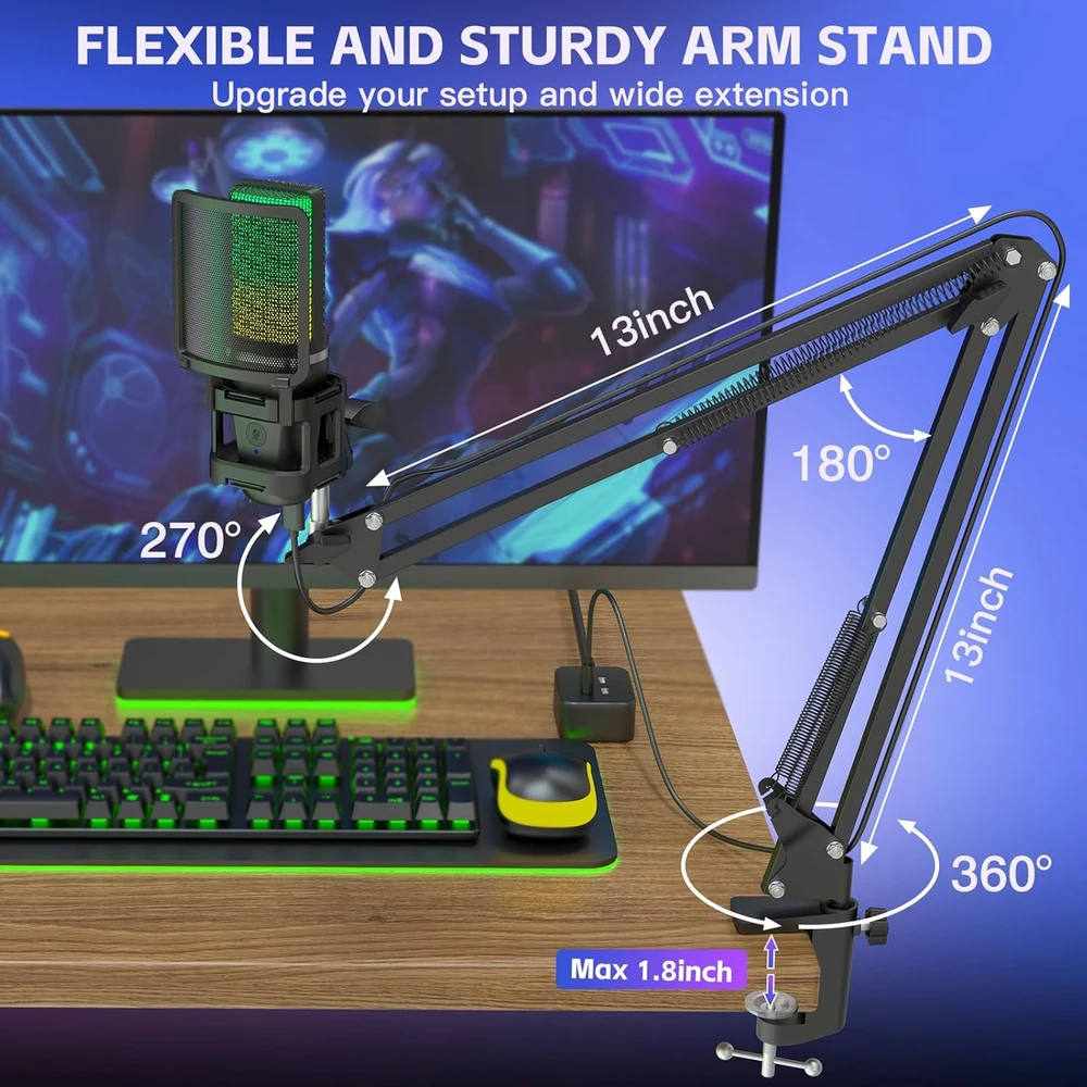 ZealSound USB žaidimų mikrofonas su RGB apšvietimu, komplektas su stovu ir ištraukiamuoju galu, BKD-11 Pro