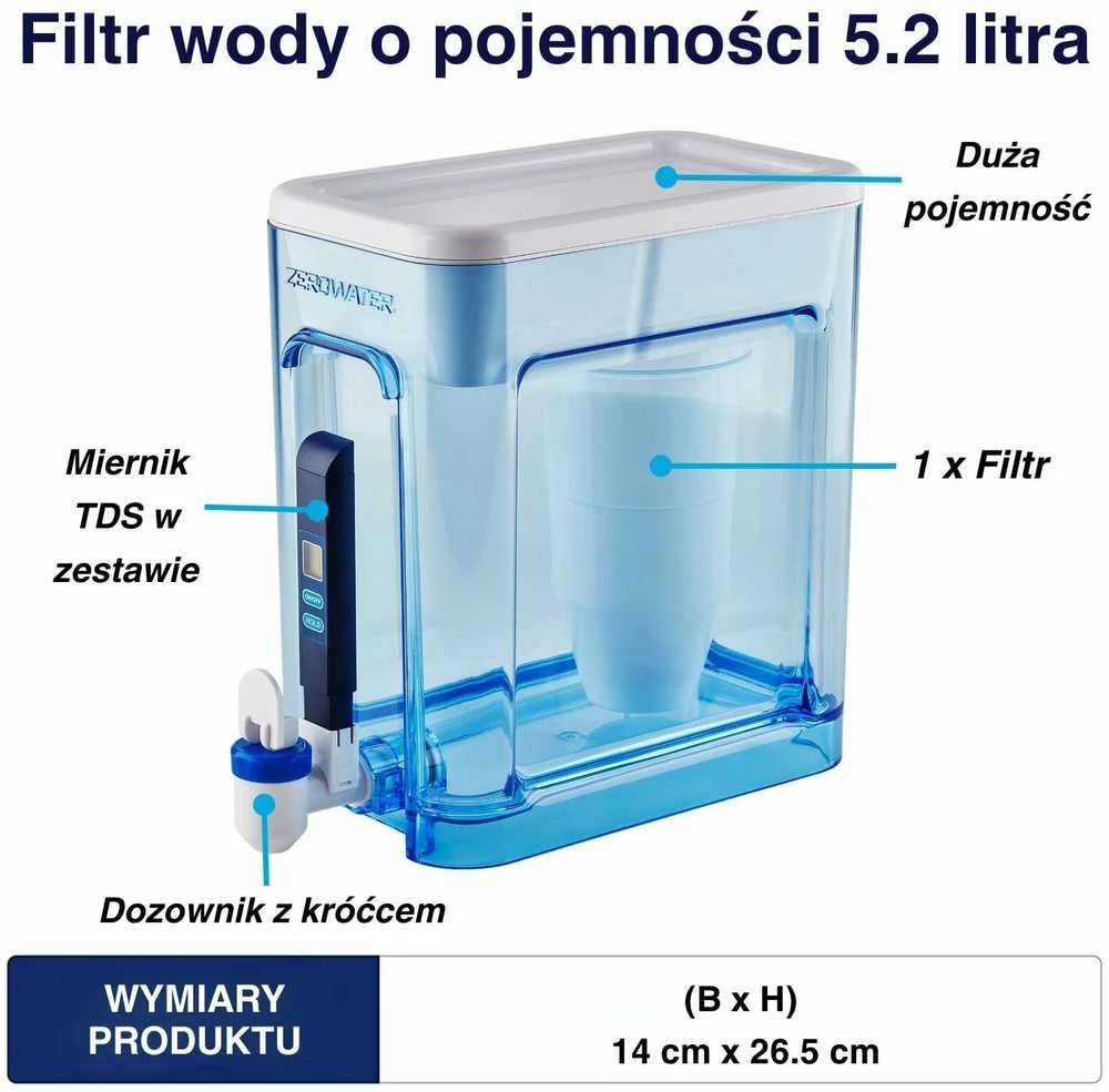 ZeroWater vandens dozatorius su 5 pakopų filtru, integruotu TDS matuokliu, 5,2 l talpa, ZD-022-RR