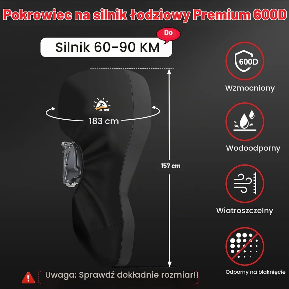 Zettum pilnas pakabinamojo valties variklio uždangalas 60–90 AG, 600D, juodas OBC-F-6090-BLK