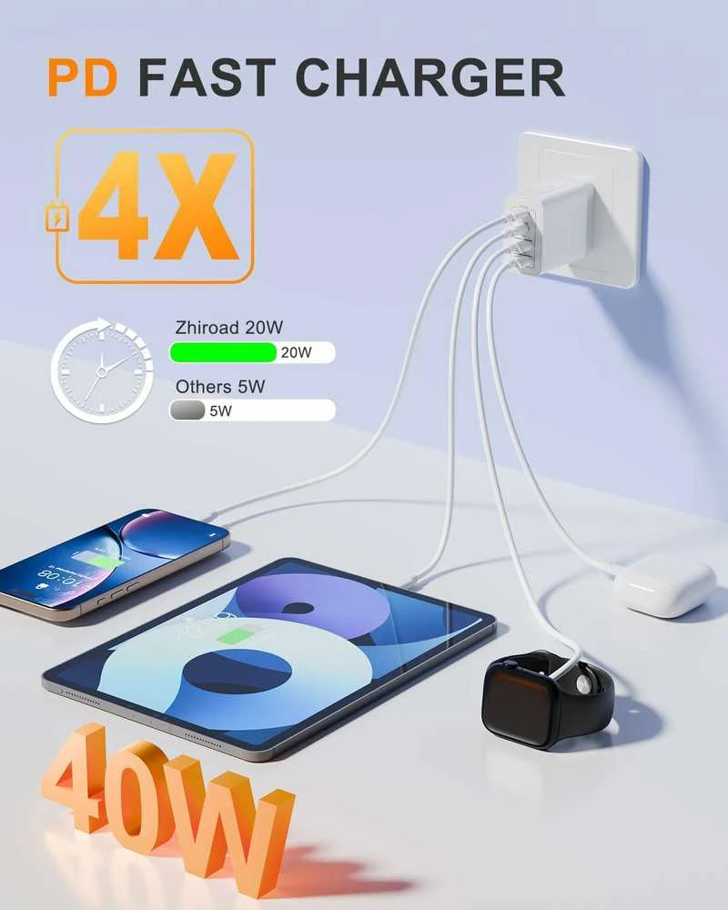 Zhiroad 40 W greita 4 portų sieninė USB-C ir USB-A įkroviklio stotelė (2 vnt., QC3.0/PD3.0, balta)