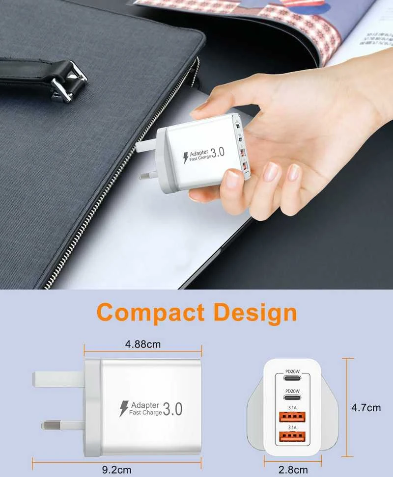 Zhiroad 40 W greita 4 portų sieninė USB-C ir USB-A įkroviklio stotelė (2 vnt., QC3.0/PD3.0, balta)