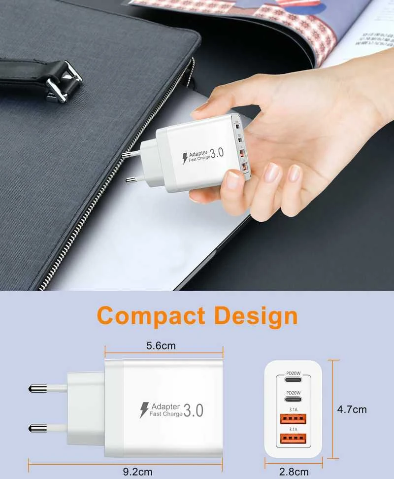 zhiroad 40W USB-C sieninis įkroviklis, 2x USB-C + 2x USB-A, greitas PD3.0, baltas