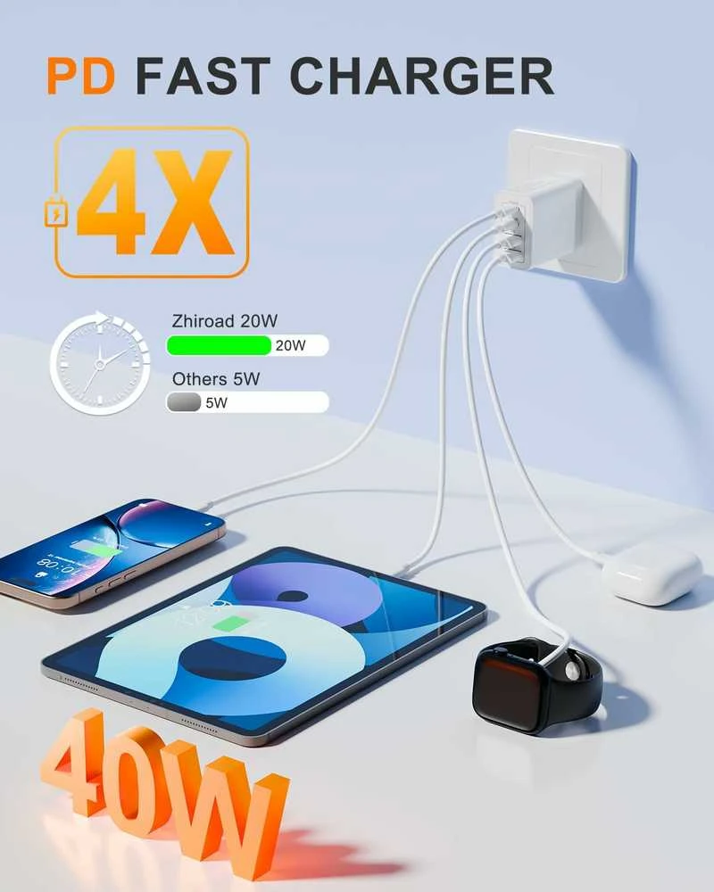 zhiroad 40W USB-C sieninis įkroviklis, 2x USB-C + 2x USB-A, greitas PD3.0, baltas