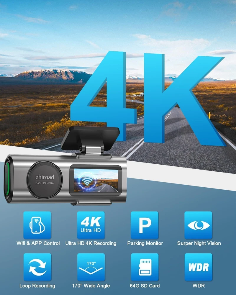 zhiroad automobilinis vaizdo registratorius 4K UHD, priekinė ir galinė 1080p kamera, Wi-Fi Q20S