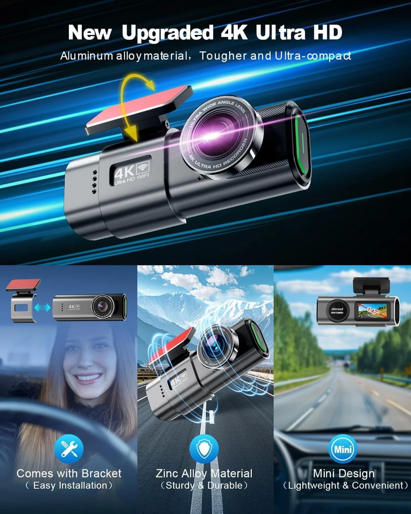 zhiroad automobilinis vaizdo registratorius 4K UHD, priekinė ir galinė 1080p kamera, Wi-Fi Q20S
