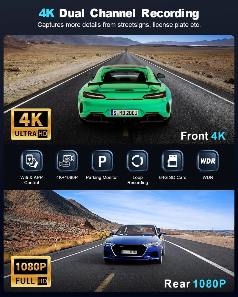 zhiroad automobilinis vaizdo registratorius 4K priekinė ir 1080p galinė kamera Wi-Fi Q20