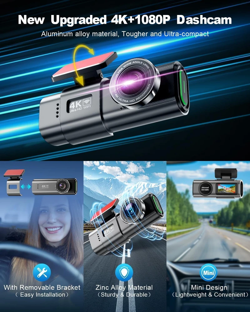 zhiroad automobilinis vaizdo registratorius 4K priekinė ir 1080p galinė kamera Wi-Fi Q20
