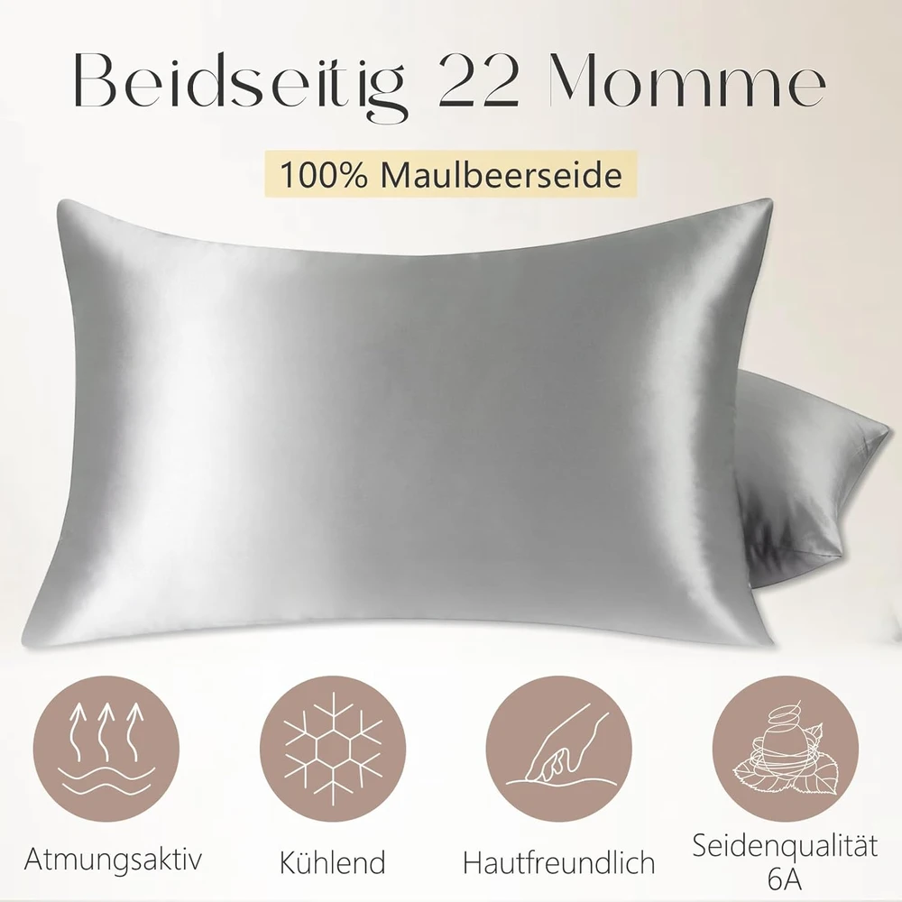 ZIMASILK šilkinė pagalvės užvalkalas, 100% morvų šilkas, 22 momme, 40x80 cm, sidabro pilka