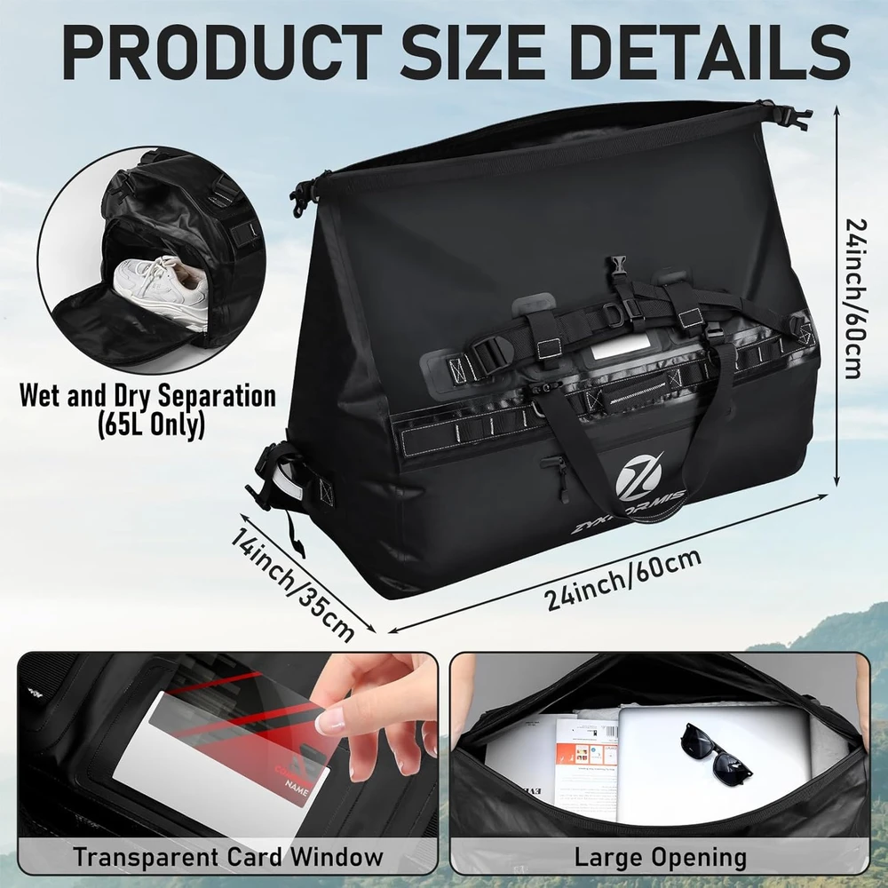 Kelioninis Zyxformis vandeniui atspari kelioninė kuprinė–maišas, 65 l, PVC, juoda, ZW01-65L