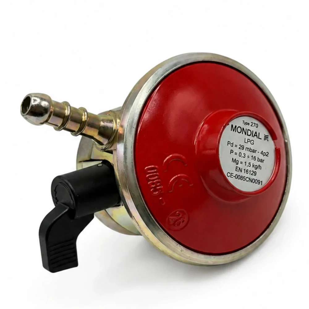 21 mm Clip-On butano dujų slėgio reguliatorius 29 mbar, 1,5kg/h, 8 mm žarnai