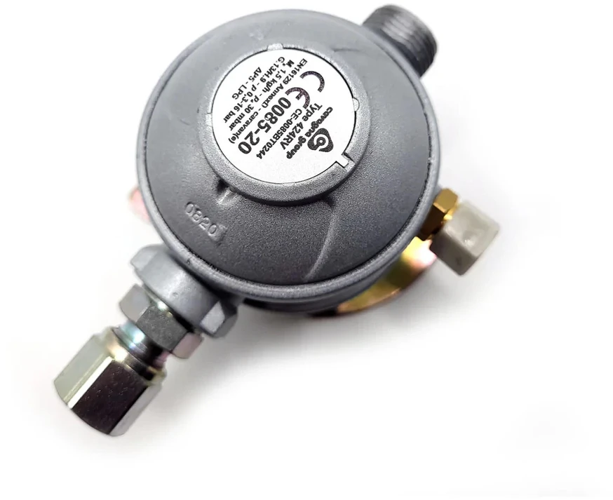 30 mbar LPG dujų slėgio reguliatorius Bulkhead 8 mm 180° kemperiams ir karavanams