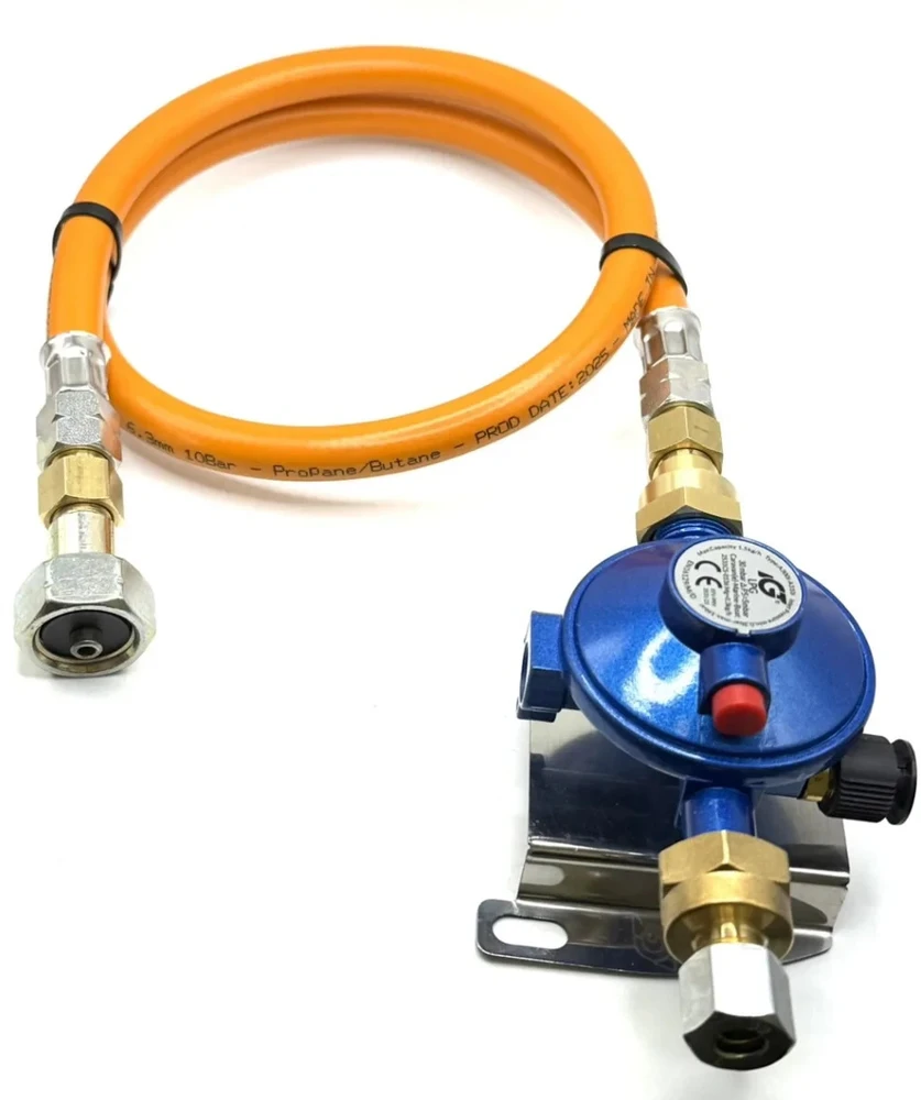 30 mbar LPG dujų slėgio reguliatorius su 80 cm aukšto slėgio žarna W20 RH × 20 mm LH kemperiams ir valtims