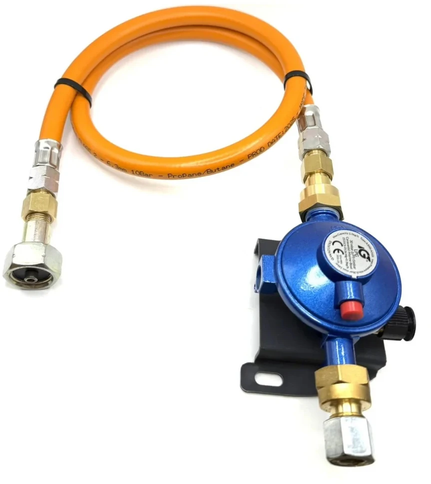 30 mbar LPG dujų slėgio reguliatorius su 80 cm aukšto slėgio žarna W20 RH × 20 mm LH (M20×1,5) kemperiams ir valtims