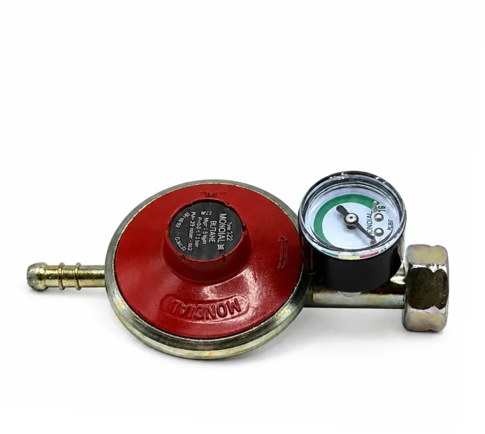Butano dujų slėgio reguliatorius 29 mbar, 1,5kg/h su manometru, 21,8 mm LH