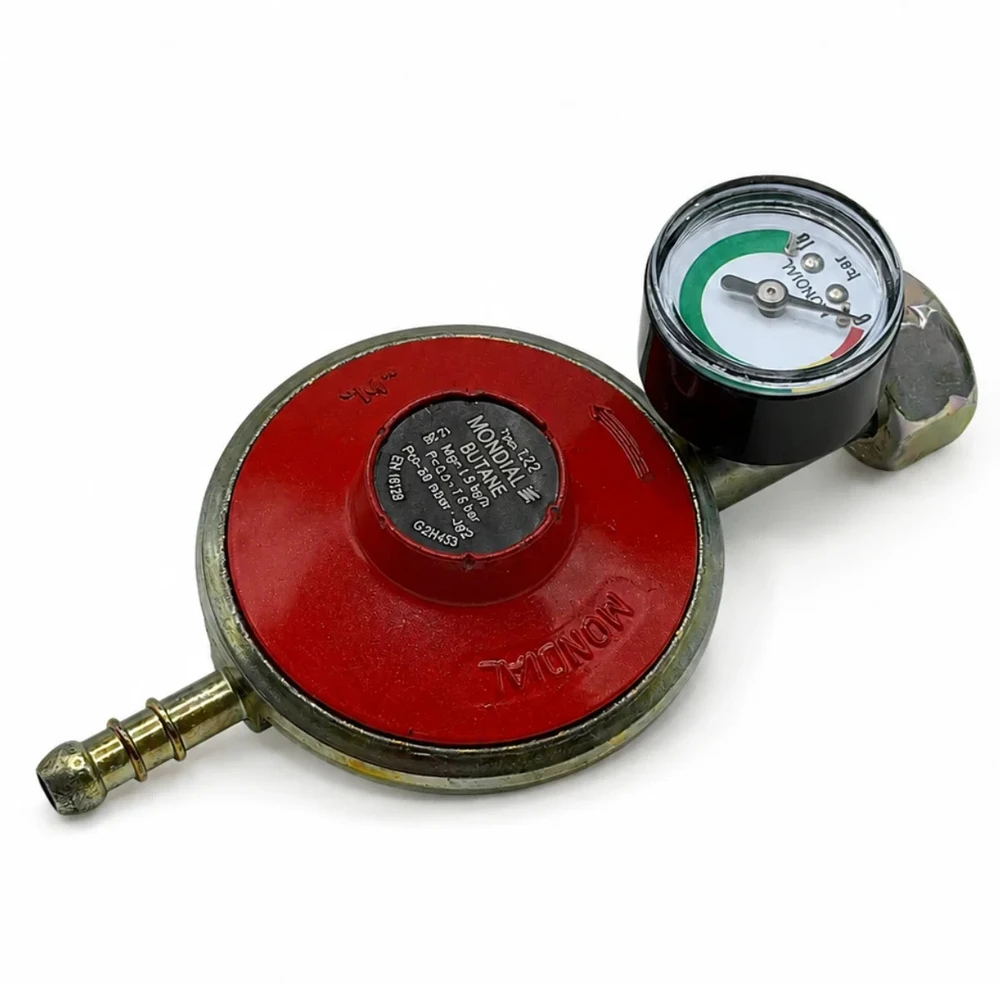 Butano dujų slėgio reguliatorius 29 mbar, 1,5kg/h su manometru, 21,8 mm LH