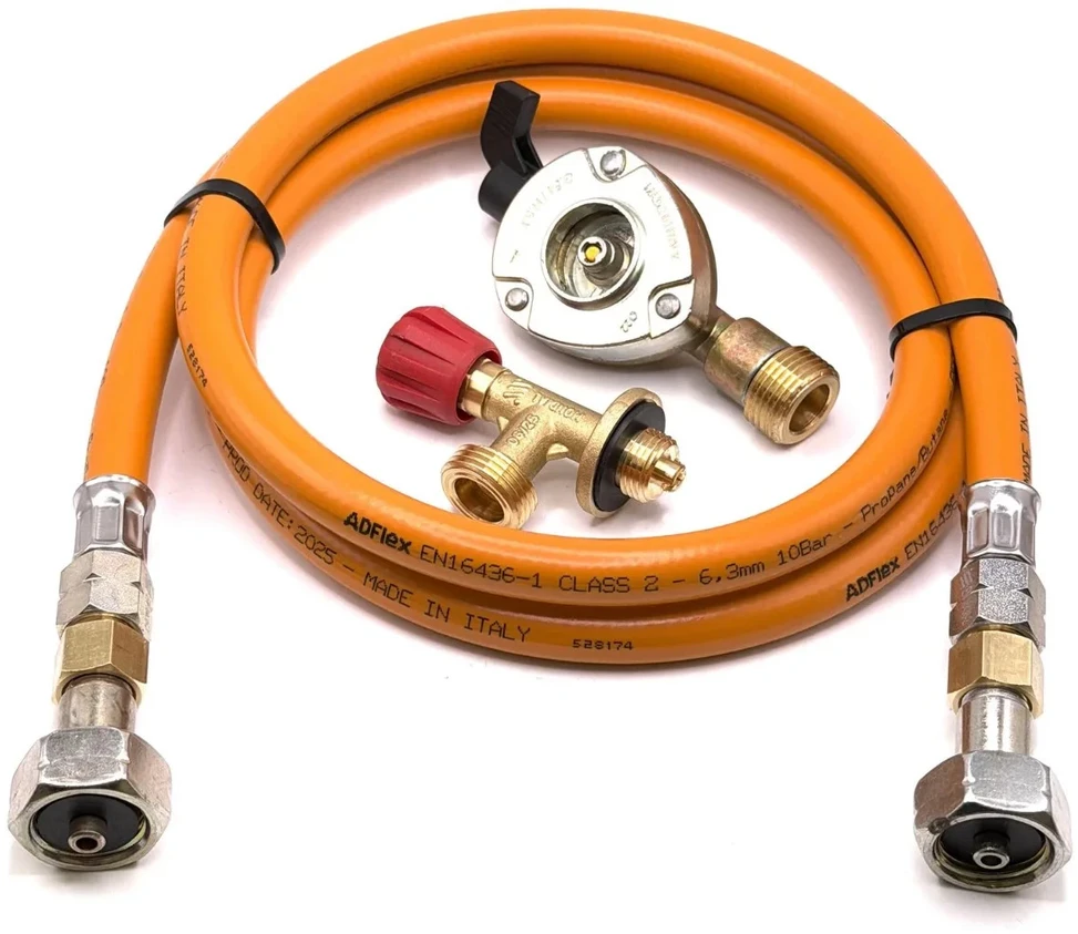 LPG aukšto slėgio dujų žarna 1,5 m su 22 mm Clip-On adapteriu ir Campingaz 901 / 904 / 907 jungtimi