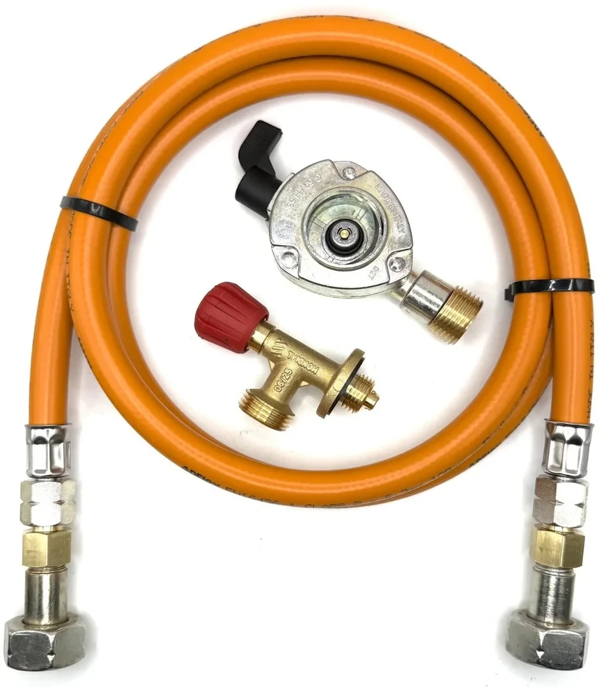 LPG aukšto slėgio dujų žarna 1,5 m su 27 mm Clip-On adapteriu ir Campingaz 901 / 904 / 907 jungtimi