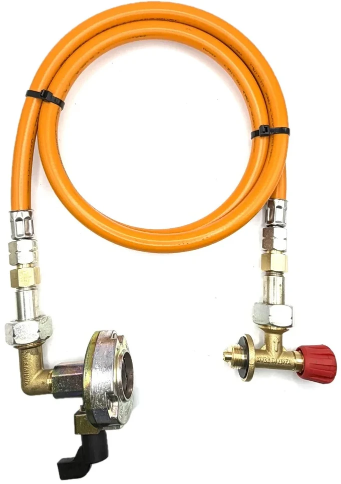 LPG aukšto slėgio dujų žarna 1,5 m su 27 mm kampiniu Clip-On adapteriu (90°) ir Campingaz 901 / 904 / 907 jungtimi