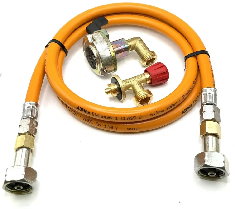 LPG aukšto slėgio dujų žarna 1,5 m su 27 mm kampiniu Clip-On adapteriu (90°) ir Campingaz 901 / 904 / 907 jungtimi