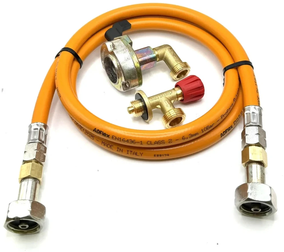 LPG aukšto slėgio dujų žarna 1,5 m su 27 mm kampiniu Clip-On adapteriu (90°) ir Campingaz 901 / 904 / 907 jungtimi
