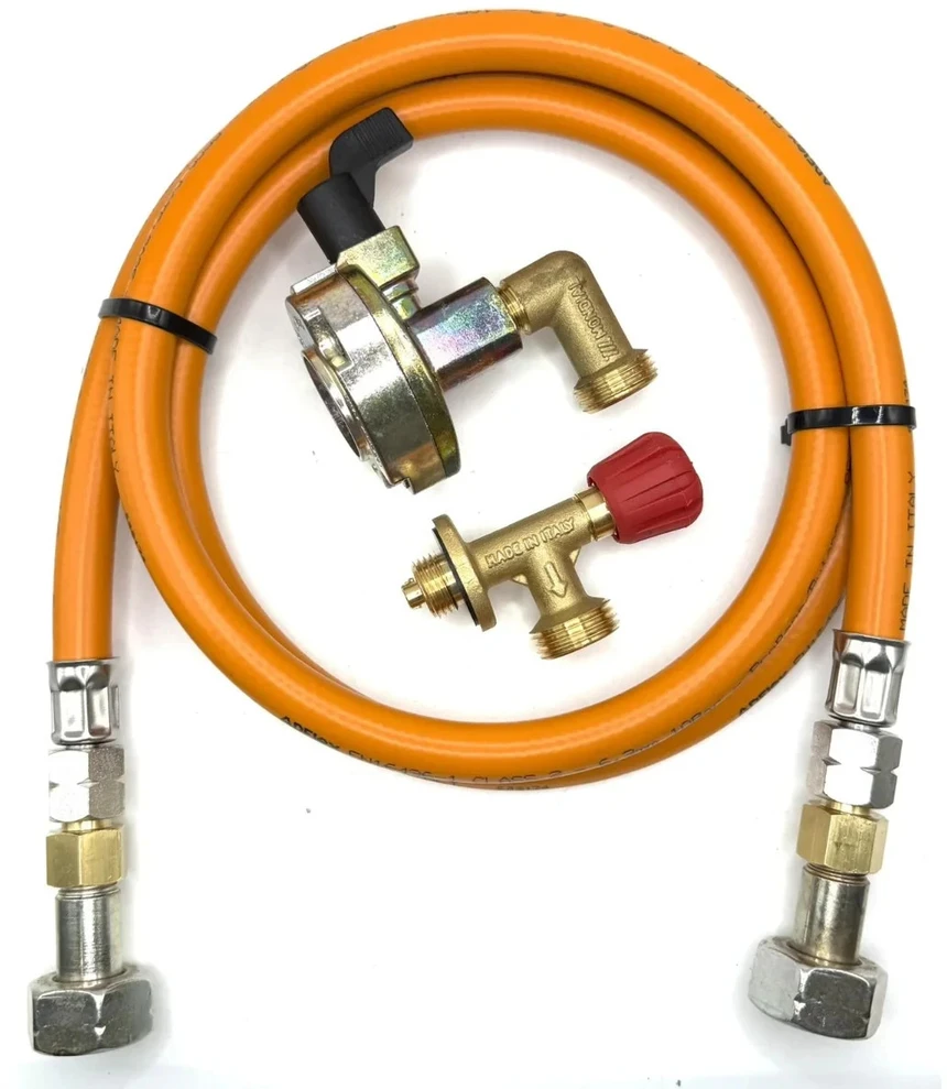 LPG aukšto slėgio dujų žarna 1,5 m su 27 mm kampiniu Clip-On adapteriu (90°) ir Campingaz 901 / 904 / 907 jungtimi
