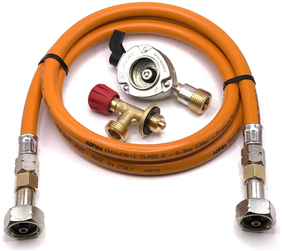 LPG aukšto slėgio dujų žarna 1,5 m su 27 mm Clip-On adapteriu ir Campingaz 901 / 904 / 907 jungtimi