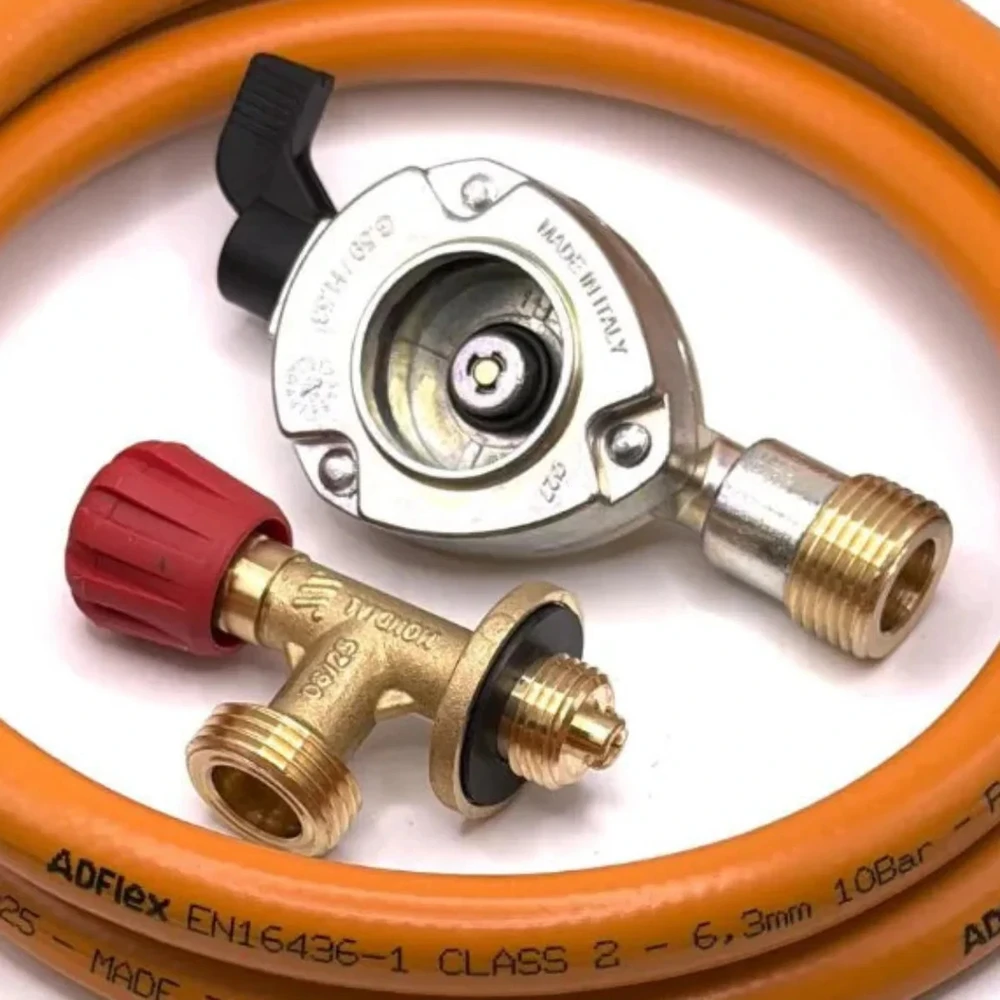 LPG aukšto slėgio dujų žarna 80 cm su 27 mm Clip-On adapteriu ir Campingaz 901 / 904 / 907 jungtimi