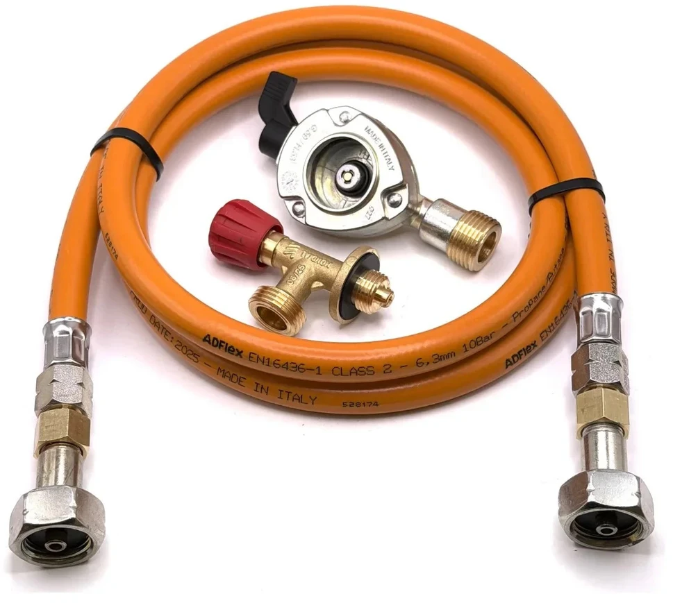LPG aukšto slėgio dujų žarna 80 cm su 27 mm Clip-On adapteriu ir Campingaz 901 / 904 / 907 jungtimi