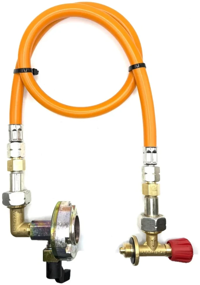 LPG aukšto slėgio dujų žarna 80 cm su 27 mm kampiniu Clip-On adapteriu (90°) ir Campingaz 901 / 904 / 907 jungtimi