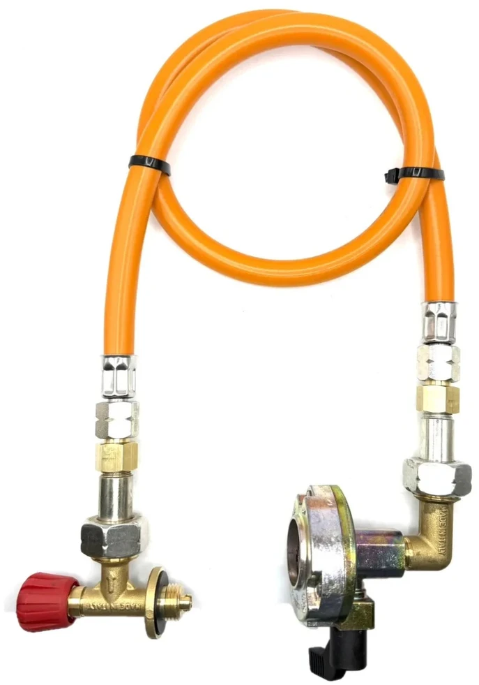 LPG aukšto slėgio dujų žarna 80 cm su 27 mm kampiniu Clip-On adapteriu (90°) ir Campingaz 901 / 904 / 907 jungtimi