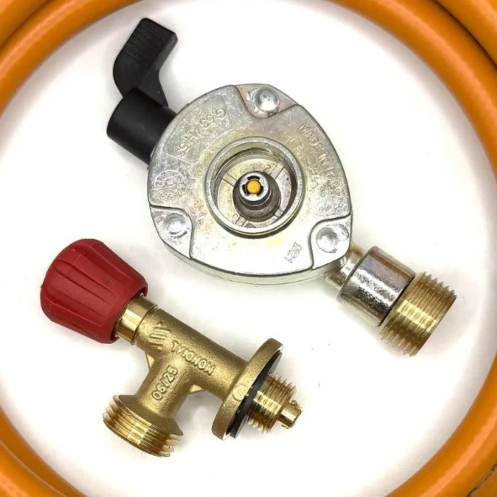 LPG aukšto slėgio oranžinė dujų žarna 1,5 m su 21 mm Clip-On adapteriu ir Campingaz 901 / 904 / 907 jungtimi