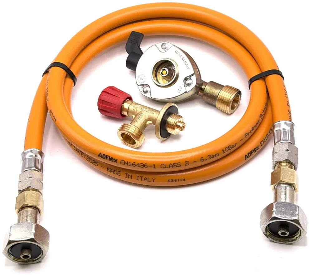 LPG aukšto slėgio oranžinė dujų žarna 1,5 m su 20 mm Clip-On adapteriu ir Campingaz 901 / 904 / 907 jungtimi