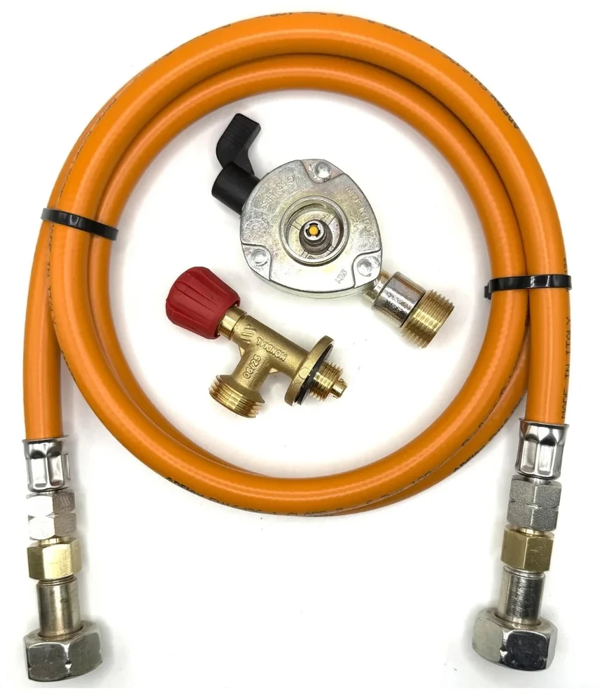 LPG aukšto slėgio oranžinė dujų žarna 1,5 m su 21 mm Clip-On adapteriu ir Campingaz 901 / 904 / 907 jungtimi
