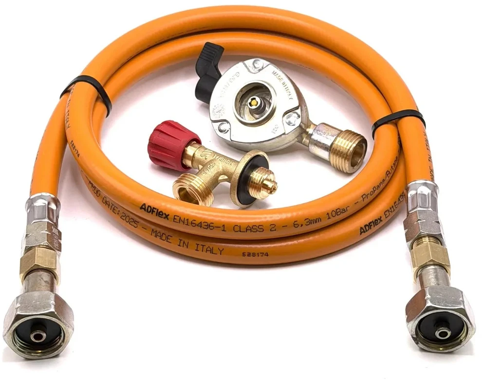 LPG aukšto slėgio oranžinė dujų žarna 1,5 m su 21 mm Clip-On adapteriu ir Campingaz 901 / 904 / 907 jungtimi