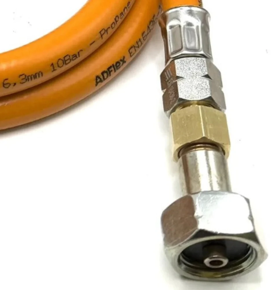 LPG aukšto slėgio oranžinė dujų žarna 1,5 m, 21,8 mm LH × 21,8 mm LH, skirta Campingaz 901 / 904 / 907 balionams