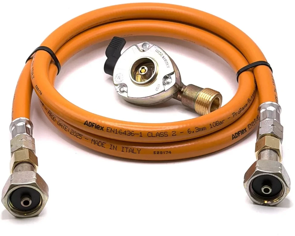 LPG aukšto slėgio oranžinė dujų žarna 1,5 m su 20 mm Clip-On adapteriu 21,8 mm LH