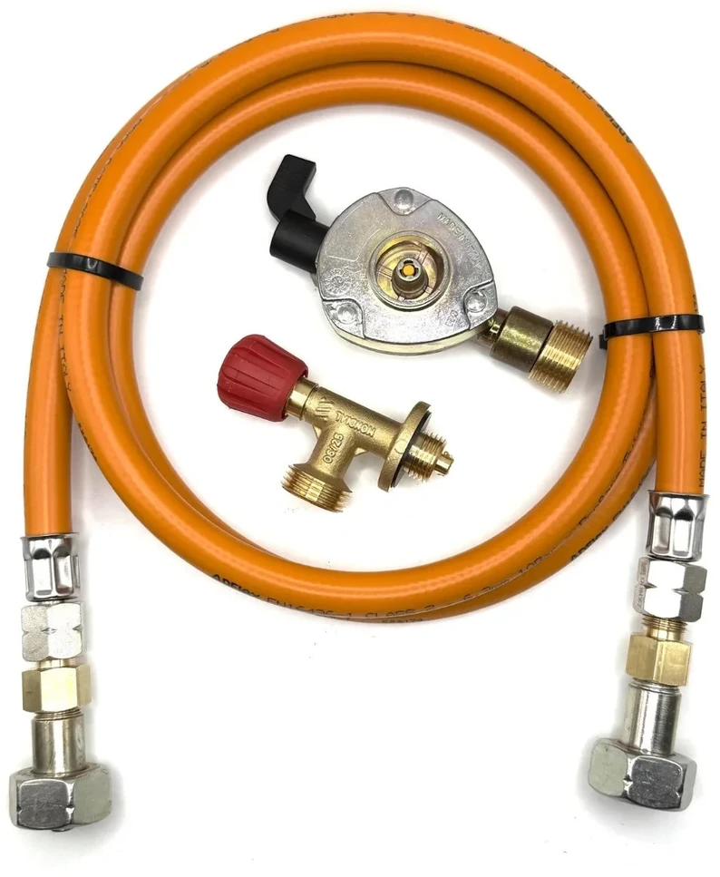 LPG aukšto slėgio oranžinė dujų žarna 1,5 m su 20 mm Clip-On adapteriu ir Campingaz 901 / 904 / 907 jungtimi