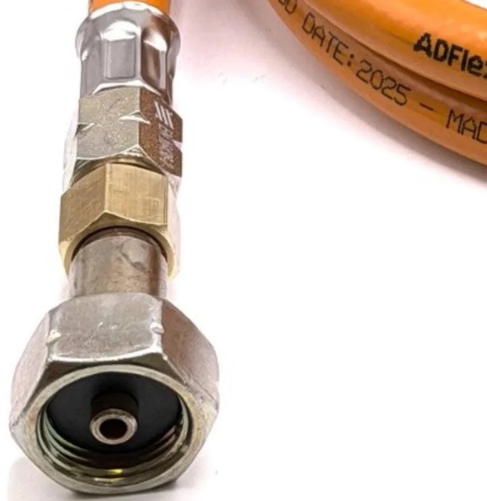 LPG aukšto slėgio oranžinė dujų žarna 1,5 m su 21 mm Clip-On adapteriu ir Campingaz 901 / 904 / 907 jungtimi