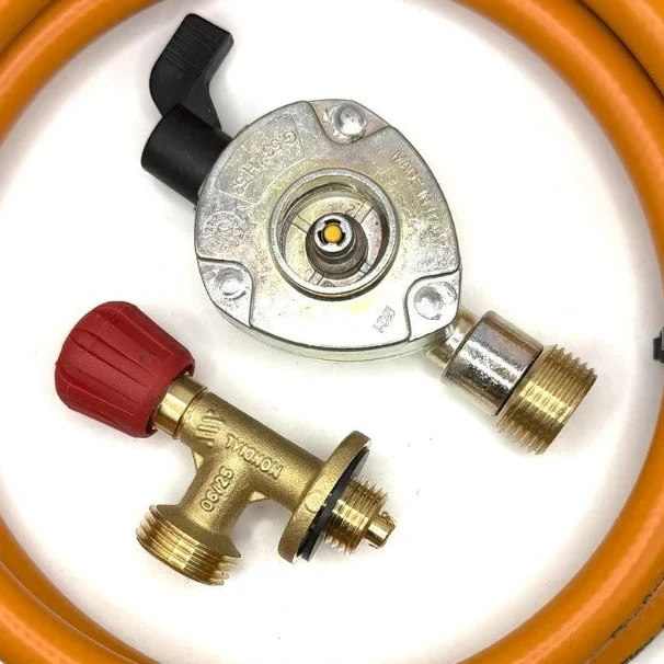 LPG aukšto slėgio oranžinė dujų žarna 80 cm su 21 mm Clip-On adapteriu ir Campingaz 901 / 904 / 907 jungtimi