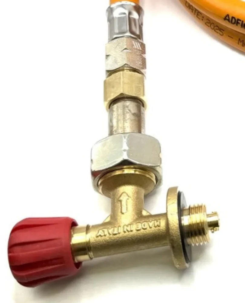 LPG aukšto slėgio oranžinė dujų žarna 80 cm su 20 mm Clip-On adapteriu ir Campingaz 901 / 904 / 907 jungtimi