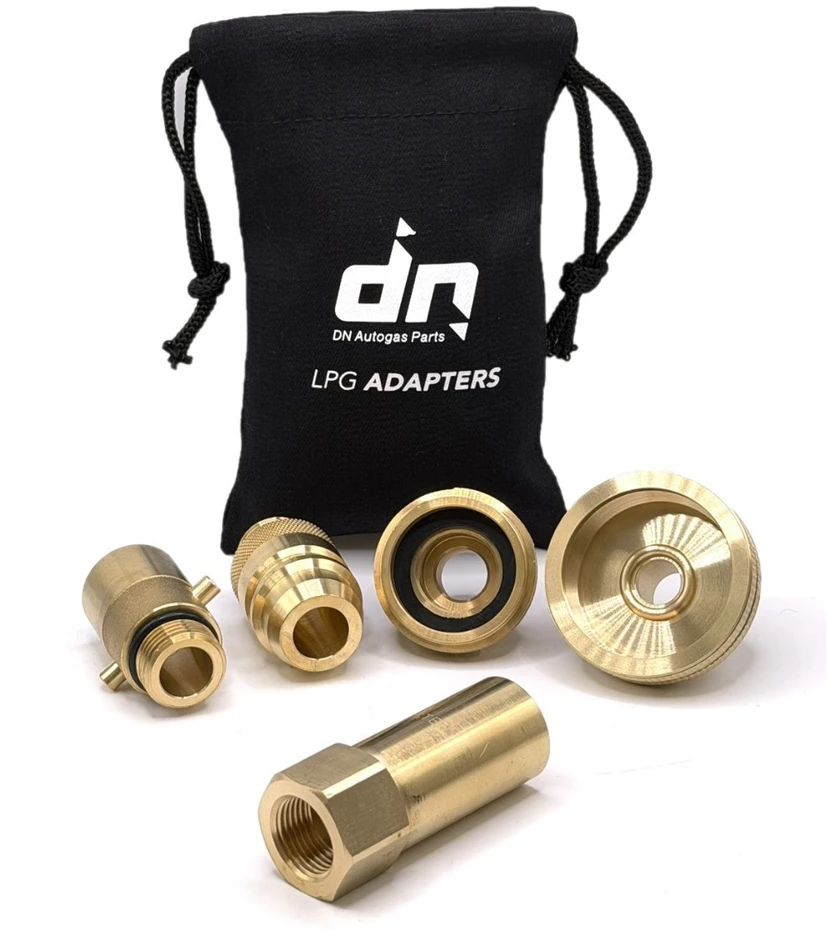 LPG Europos adapterių rinkinys 3/4" UNF (JIC) į M22 (21,8 mm), 5 dalių su DN Autogas Parts transportavimo krepšeliu