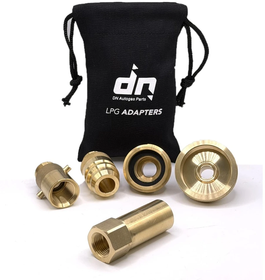 LPG Europos adapterių rinkinys 3/4" UNF (JIC) į M22 (21,8 mm), 5 dalių su DN Autogas Parts transportavimo krepšeliu