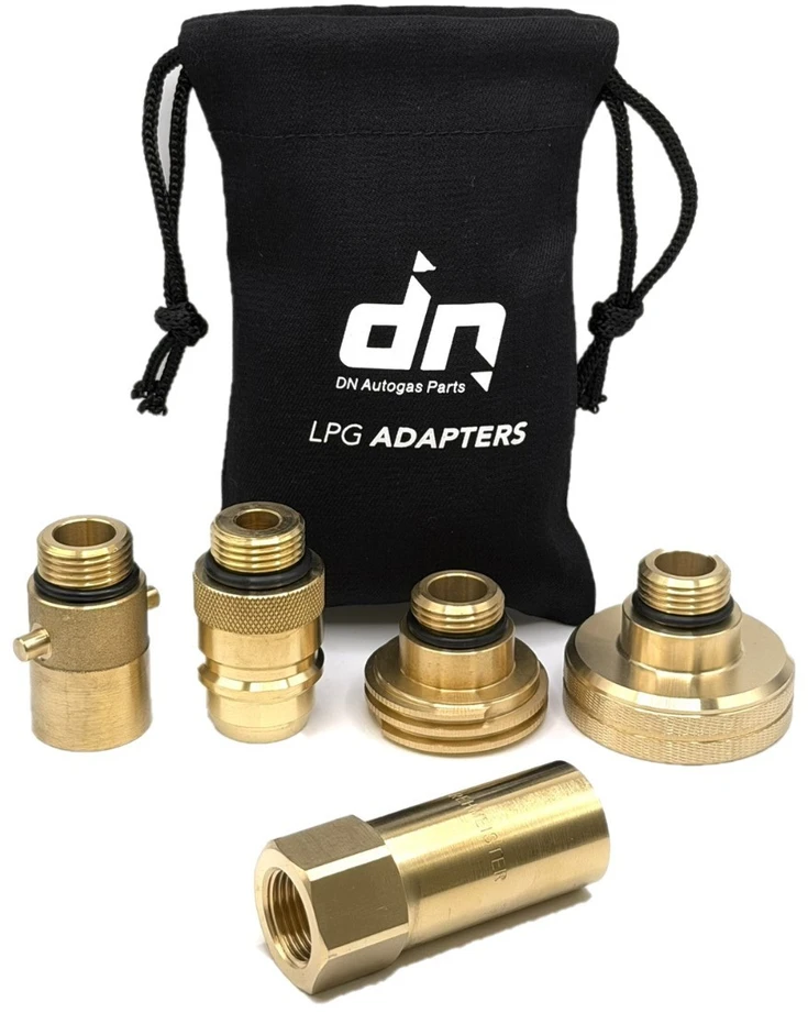 LPG Europos adapterių rinkinys 3/4" UNF (JIC) į M22 (21,8 mm), 5 dalių su DN Autogas Parts transportavimo krepšeliu