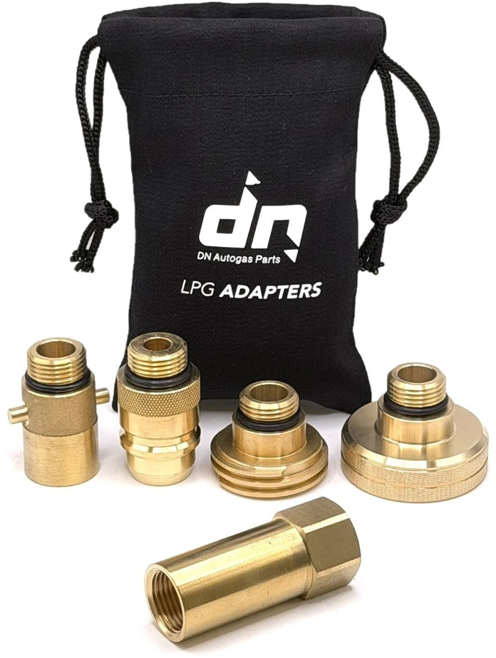 LPG Europos adapterių rinkinys 3/4" UNF (JIC) į M22 (21,8 mm), 5 dalių su DN Autogas Parts transportavimo krepšeliu